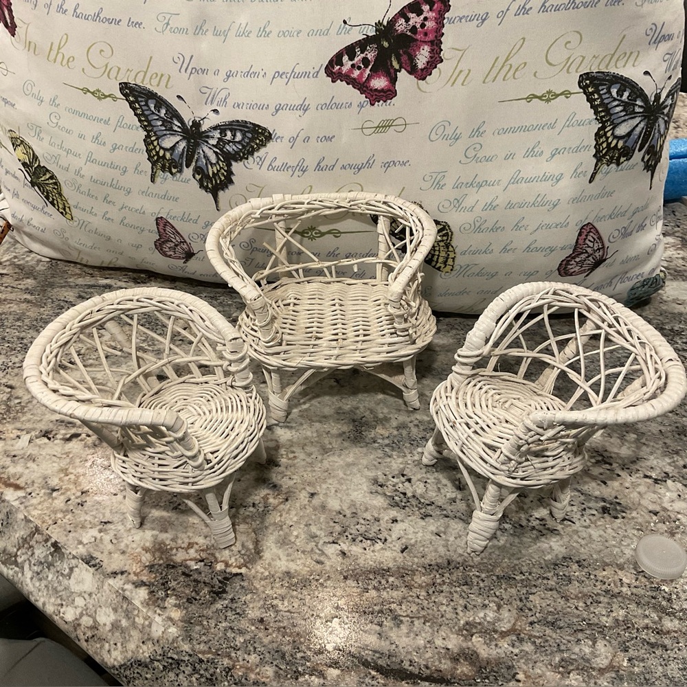 Vintage White Wicker Doll Furniture Set 1980s couch and chairs